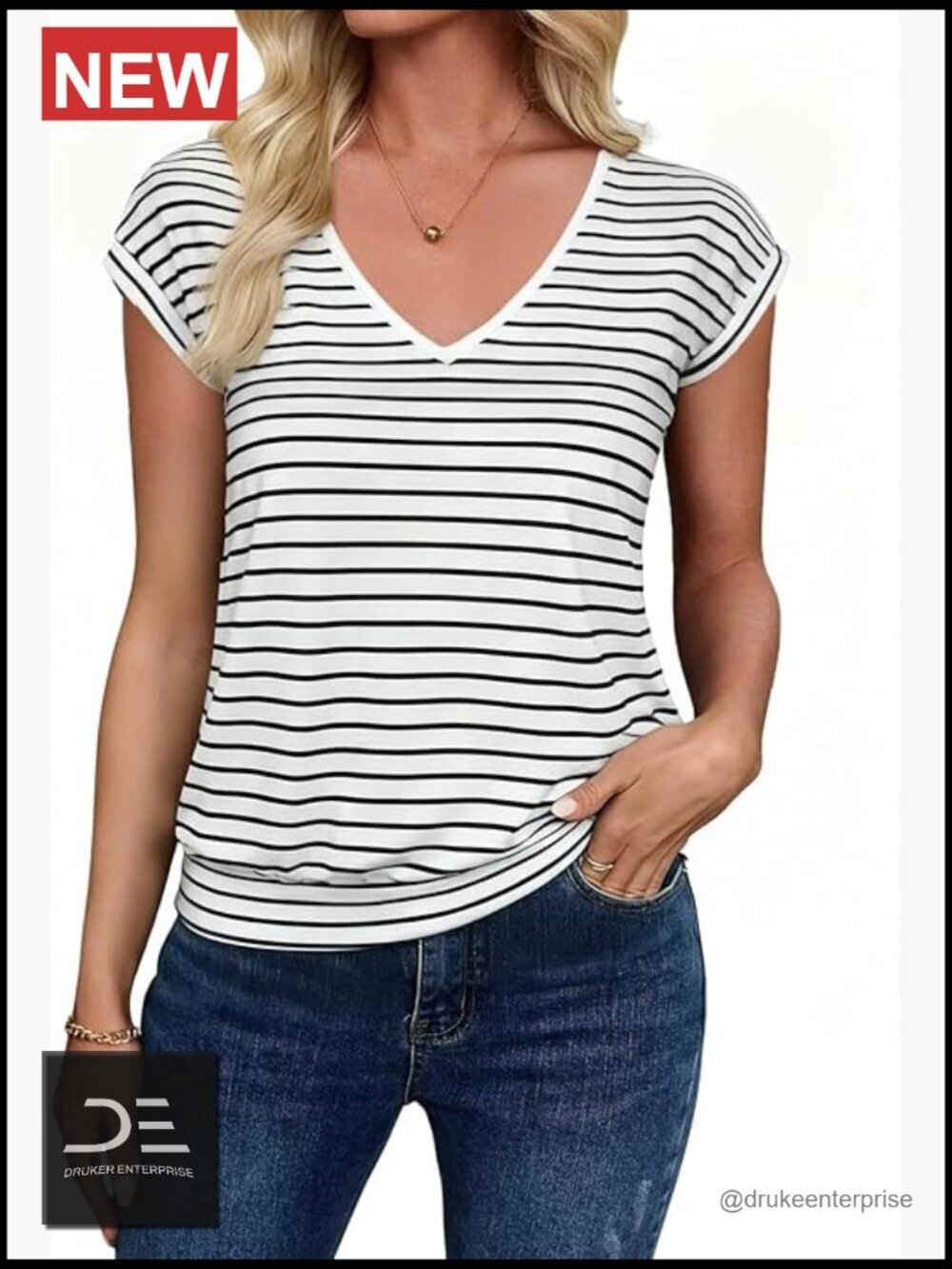 Womens V Neck Cap Sleeve Tee with Banded Bottom - Poly Cotton Spandex Blend